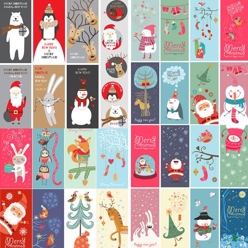 圣诞节圣诞老人雪人卡通插画贺卡片标签矢量EPS设计素材