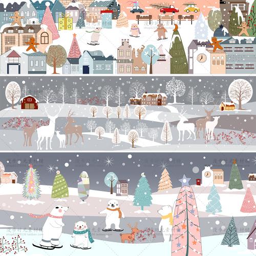 圣诞节卡通雪人麋鹿下雪场景banner海报EPS矢量AI设计素材