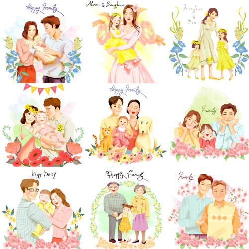 亲子家庭插图插画父亲节母亲节夫妻全家海报PSD设计素材