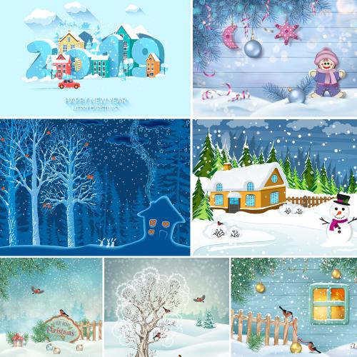 圣诞节新年下雪雪中场景抽象树矢量AI设计素材模板