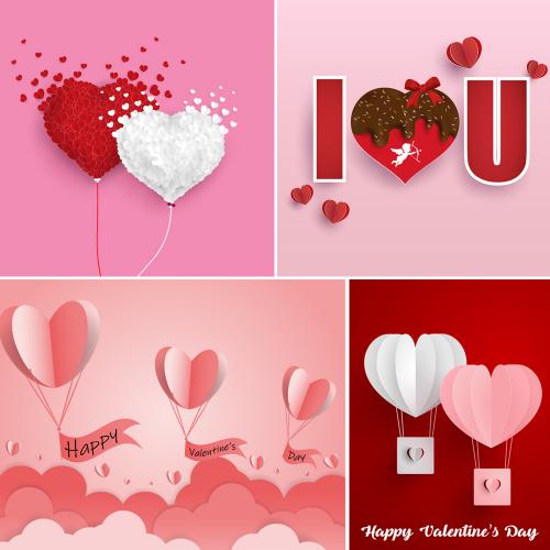 情人节214浪漫爱心形情人节促销活动海报模板背景矢量剪纸AI设计素材