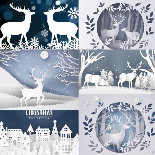 圣诞节清新3D立体剪纸抽象白色冬季圣诞节麋鹿海报卡片EPS素材