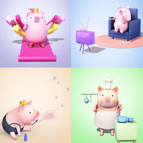 小猪卡通可爱Q版小猪3D立体新年插画海报PSD模板设计素材图