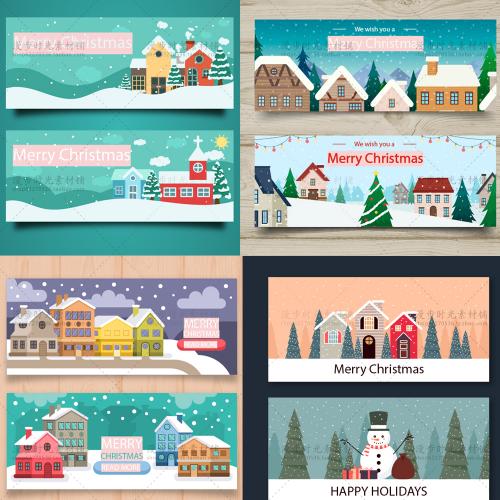 圣诞节小屋树林雪人圣诞场景插画banner矢量AI设计素材