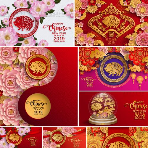 新年快乐春节元旦立体花卡剪纸猪年AI矢量设计素材