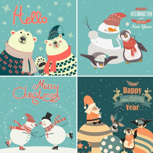 复古圣诞节日新年卡通圣诞老人雪人海报EPS矢量设计素材