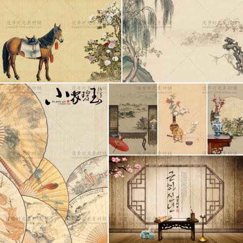 中国风中式工笔画亚麻背景婚纱影楼相册模板PSD后期设计素材