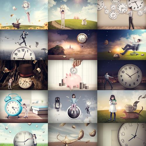 24款时钟时间人物未来情侣思考永恒爱情海报PSD设计素材