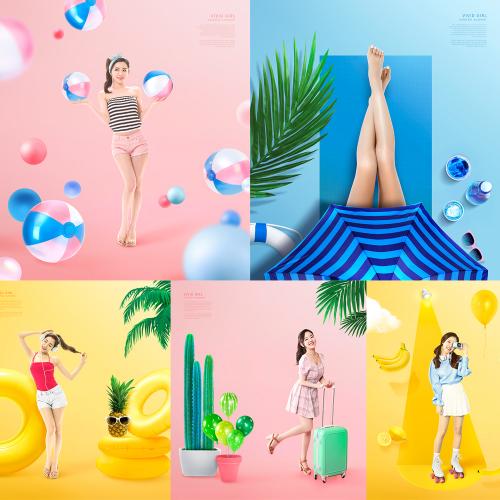 夏天夏季游泳美女水果柠檬广告海报PSD分层设计素材模板