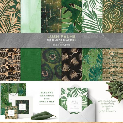 热带绿色棕榈叶图形绿金色包装印刷图案背景底纹JPG图片