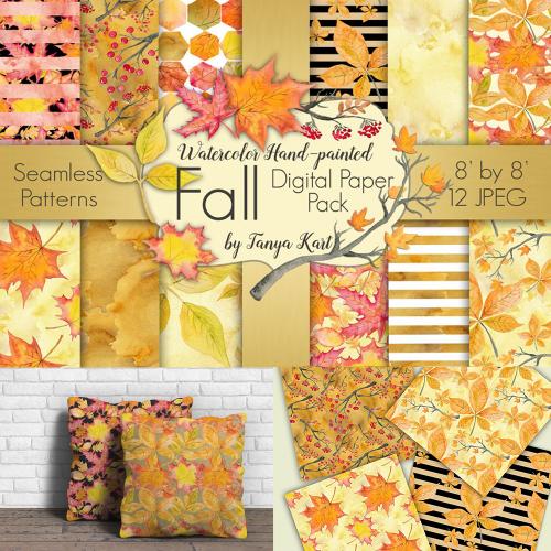 秋天落叶水彩无缝图案邀请函贴纸卡片抱枕包装JPG设计素材