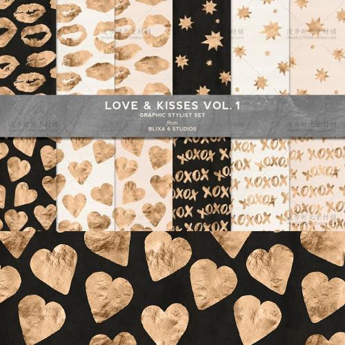 唇印图案手绘心形星星爱情之吻金箔图案纹理JPG设计素材