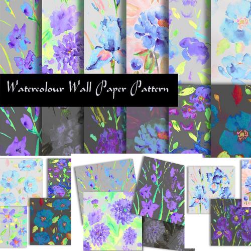 紫色水彩花卉图案背景织物印花剪贴簿卡片包装JPG设计素材