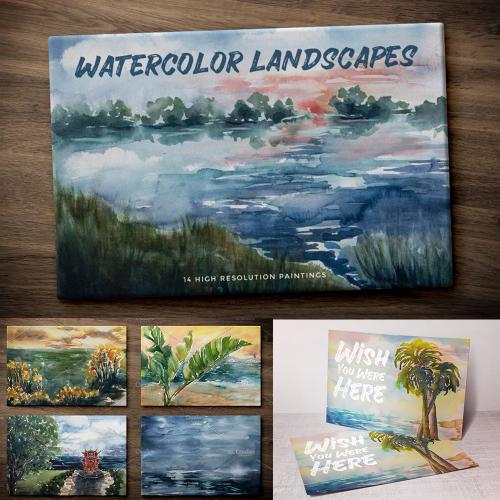 湖岸海洋和海滩秋天森林水彩画装饰画无框画挂画JPG设计素材