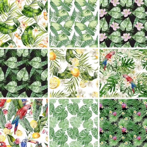 热带棕榈龟背竹植物树叶鹦鹉水彩底纹背景印花图案JPG设计素材