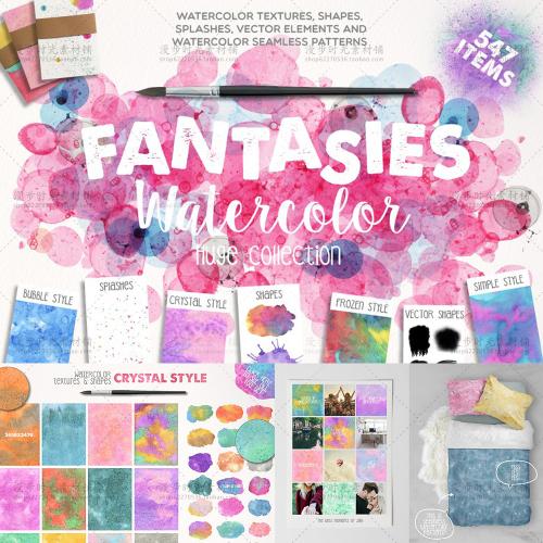 超梦幻水彩JPG设计素材合集背景底纹请柬t恤明信片印刷包装