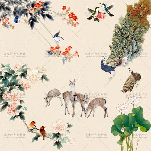 复古中国风素材 工笔画牡丹花 麋鹿孔雀荷花卉PNG免抠设计素材