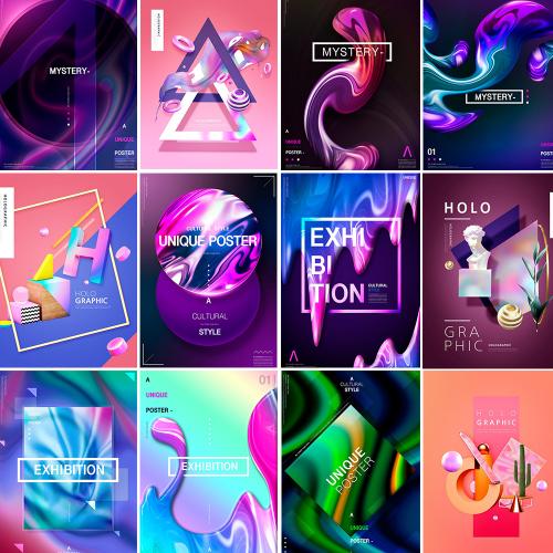 高端镭射流体渐变炫彩科技几何海报排版PSD分层模板PS素材