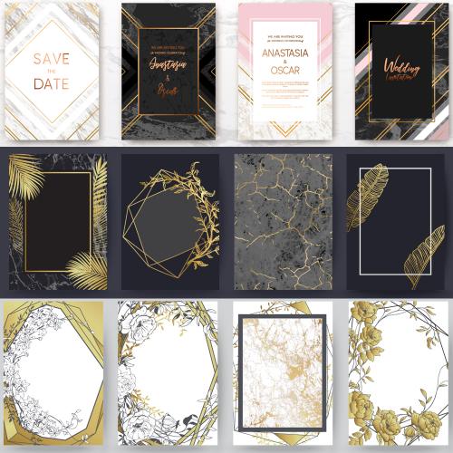 黑金叶子花朵线条大理石纹理邀请函请柬卡片矢量AI设计素材