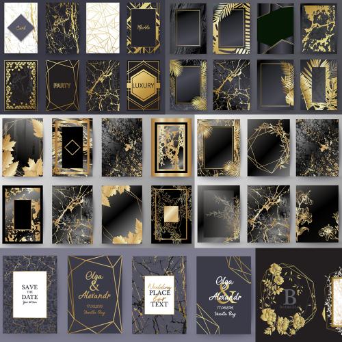黑金叶子线条大理石纹理邀请函请柬卡片海报矢量AI设计素材