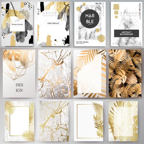 黑金叶子线条大理石纹理装饰画请柬卡片海报矢量AI设计素材
