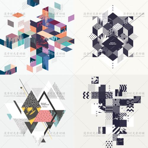 印花招贴海报AI几何图形多边形波浪线拼贴背景EPS矢量设计素材