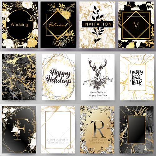 黑金叶子花朵线条大理石纹理邀请函请柬卡片矢量AI设计素材