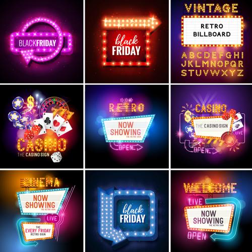 霓虹灯LED发光背景广告牌数码管发光七彩光AI矢量素材源文件