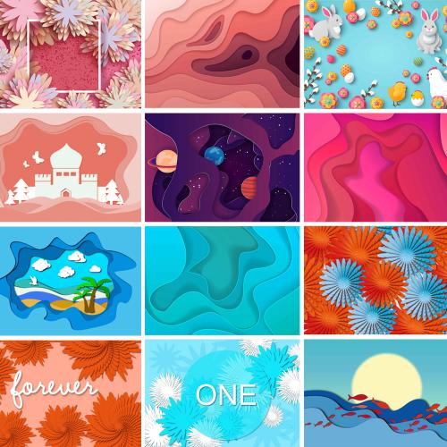 剪纸风系列卡片微立体几何多彩抽象花朵背景AI矢量设计素材