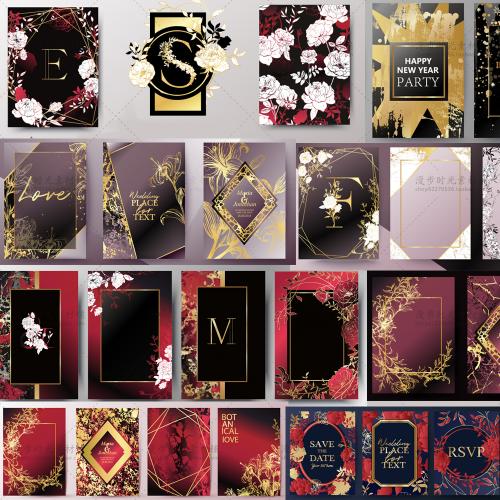 金色花朵花环线条几何婚礼邀请函请柬卡片矢量AI设计素材