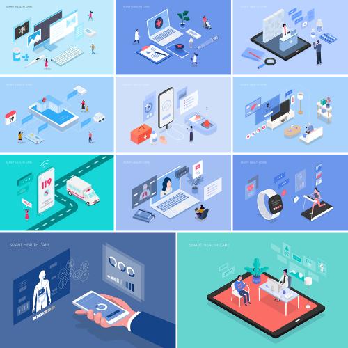 智能移动互联网医疗APP创意等距差2.5D插画ai矢量设计素材