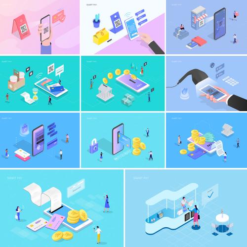 线下手机移动支付2.5D插画扁平化网页引导页IA矢量设计素材