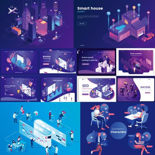 扁平化2.5D等距差等网络云大数据科技AI矢量插画网页UI素材