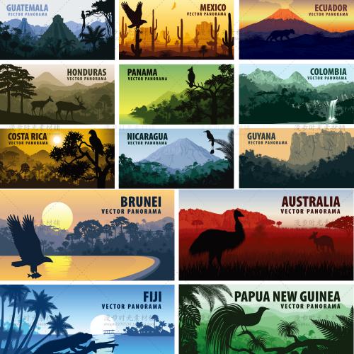 森林动物远山剪影日出飞鸟麋鹿扁平化插画AI矢量设计素材