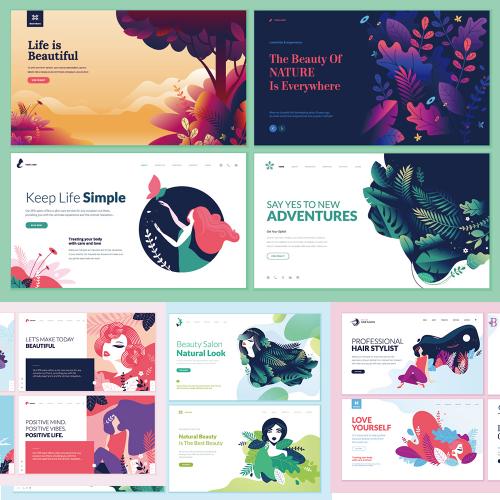 扁平化森林森系女孩美女矢量插画UI网页海报banner设计素材