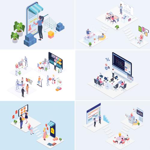 等距差2.5D商务场景办公插画UI设计APP引导页矢量设计素材