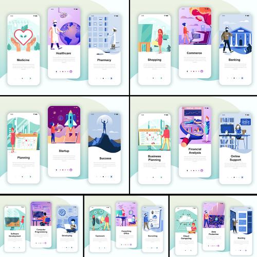 扁平化电商购物工作场景人物矢量插画UI引导页海报设计素材