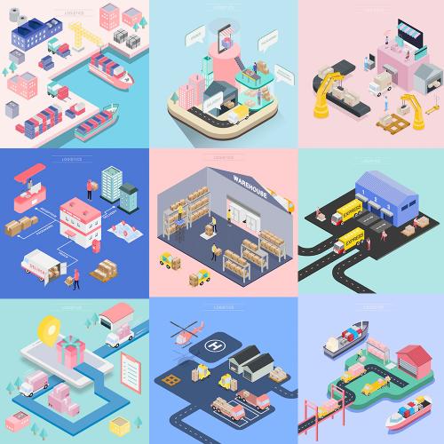 扁平化等距差2.5D立体3D物流快递运输场景海报矢量设计素材