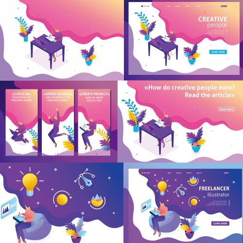 扁平化2.5d等距差等轴商务办公场景矢量插画UI设计ai素材