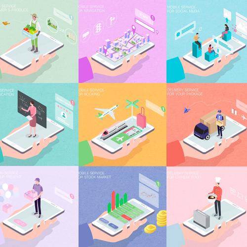 手机APP金融交易场景等距差2.5D3D立体扁平化UI海报设计素材