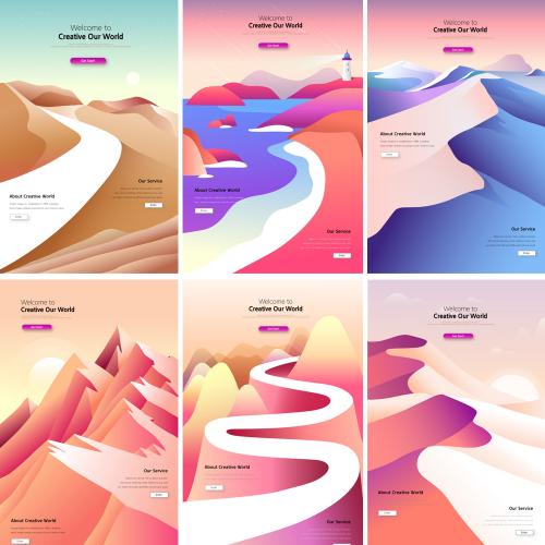 唯美扁平化风景场景山峰山路插画装饰画背景AI矢量设计素材