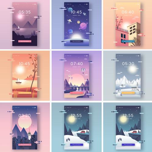 扁平化下雪星空风景天气矢量插画手机APP引导页UI设计素材