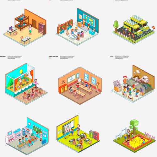 等距差2.5D等轴学习运动场景banner网页UI设计矢量插画素材