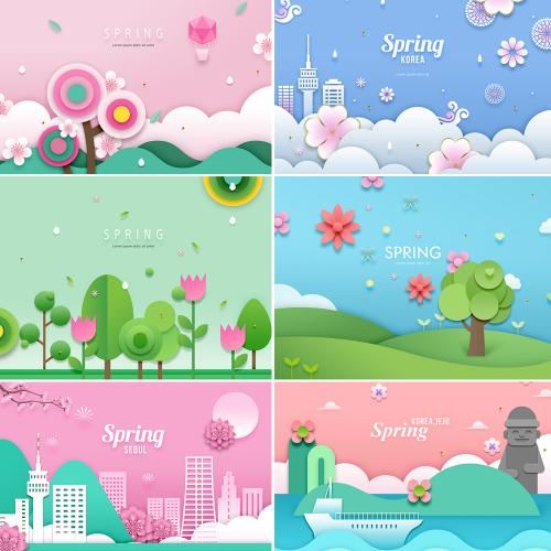 春夏春季扁平化剪纸风植物风景城市海报广告PSD设计素材