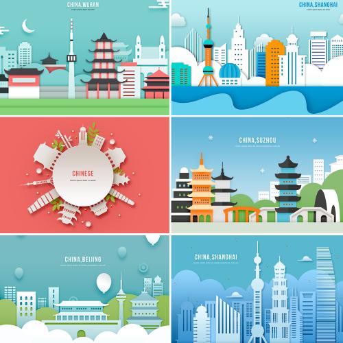 创意扁平化复古剪纸鼓楼建筑PS分层banner海报设计素材模版