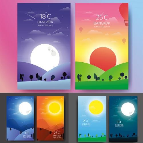 扁平化矢量天气预报日出日落手机APP软件网页EPS设计素材