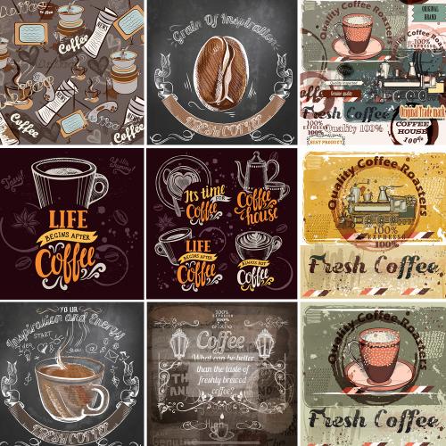 复古咖啡厅装饰画芯手绘插画咖啡下午茶海报AI矢量设计素材