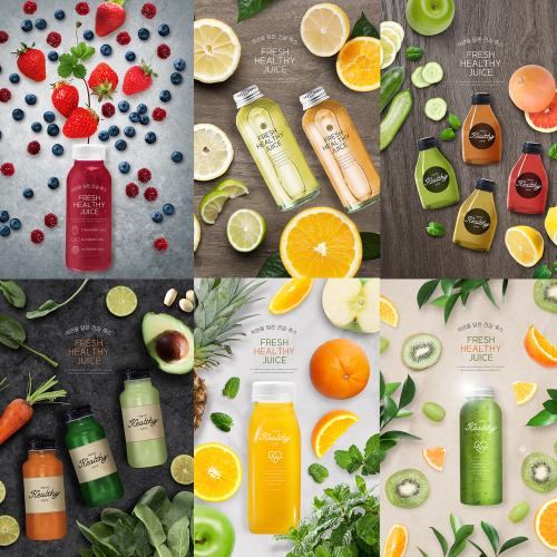 鲜榨果汁饮品海报模版水果饮料产品摄影背景PSD设计素材