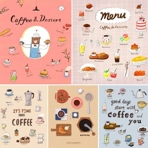 可爱手绘蜡笔画简笔画咖啡下午茶厨师餐厅菜单外卖PSD模板