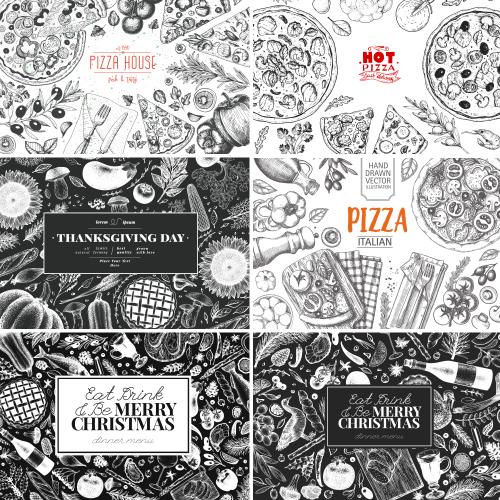 线条食物披萨蔬菜西餐厅西式美食AI矢量设计素材模板